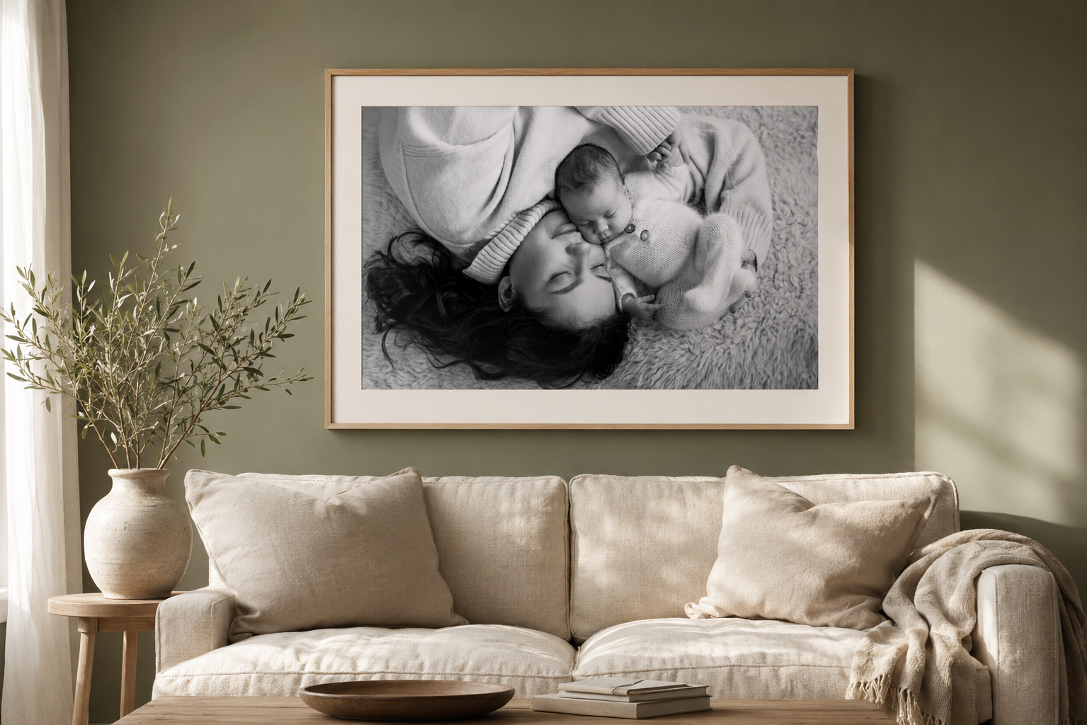 Black and white framed photo of mother and baby lying down, displayed above a beige sofa in a cozy living room.