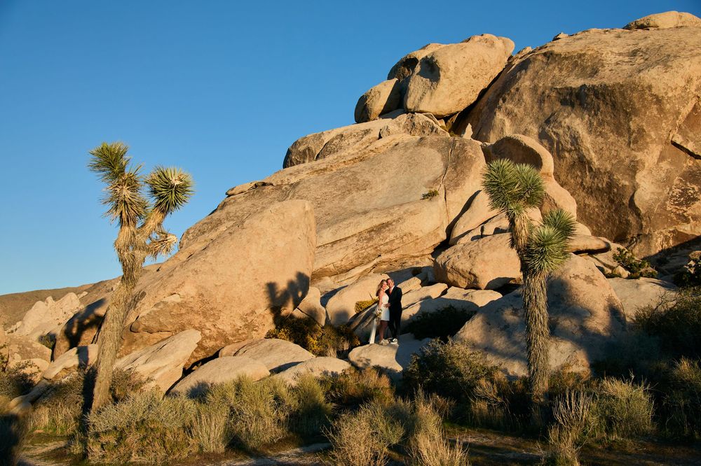 Couple stands among massive boulders and Joshua trees in golden light at Joshua Tree National Park.