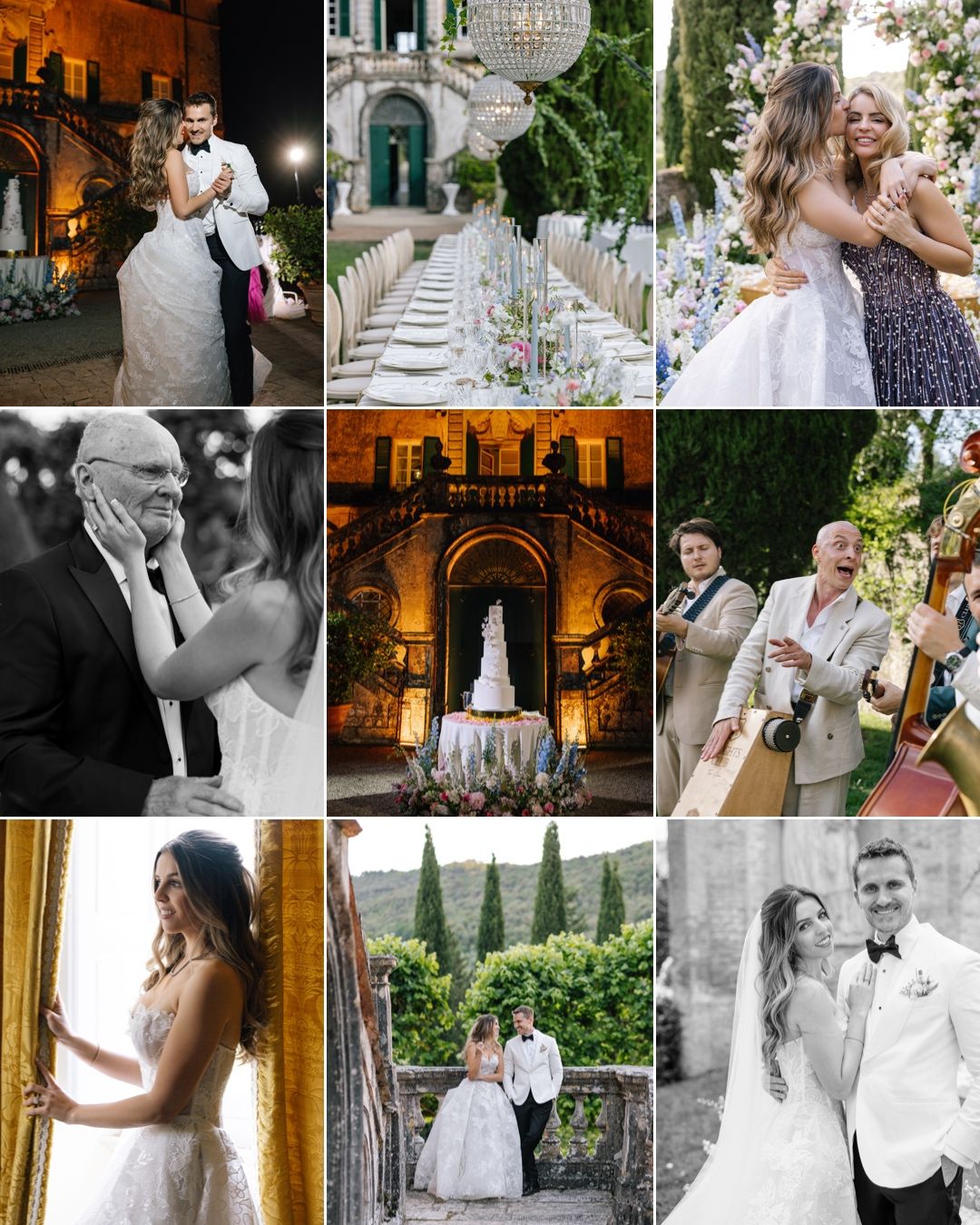 A stunning wedding photo collage featuring elegant ceremonies, receptions, and romantic couple portraits at a luxurious Italian villa.