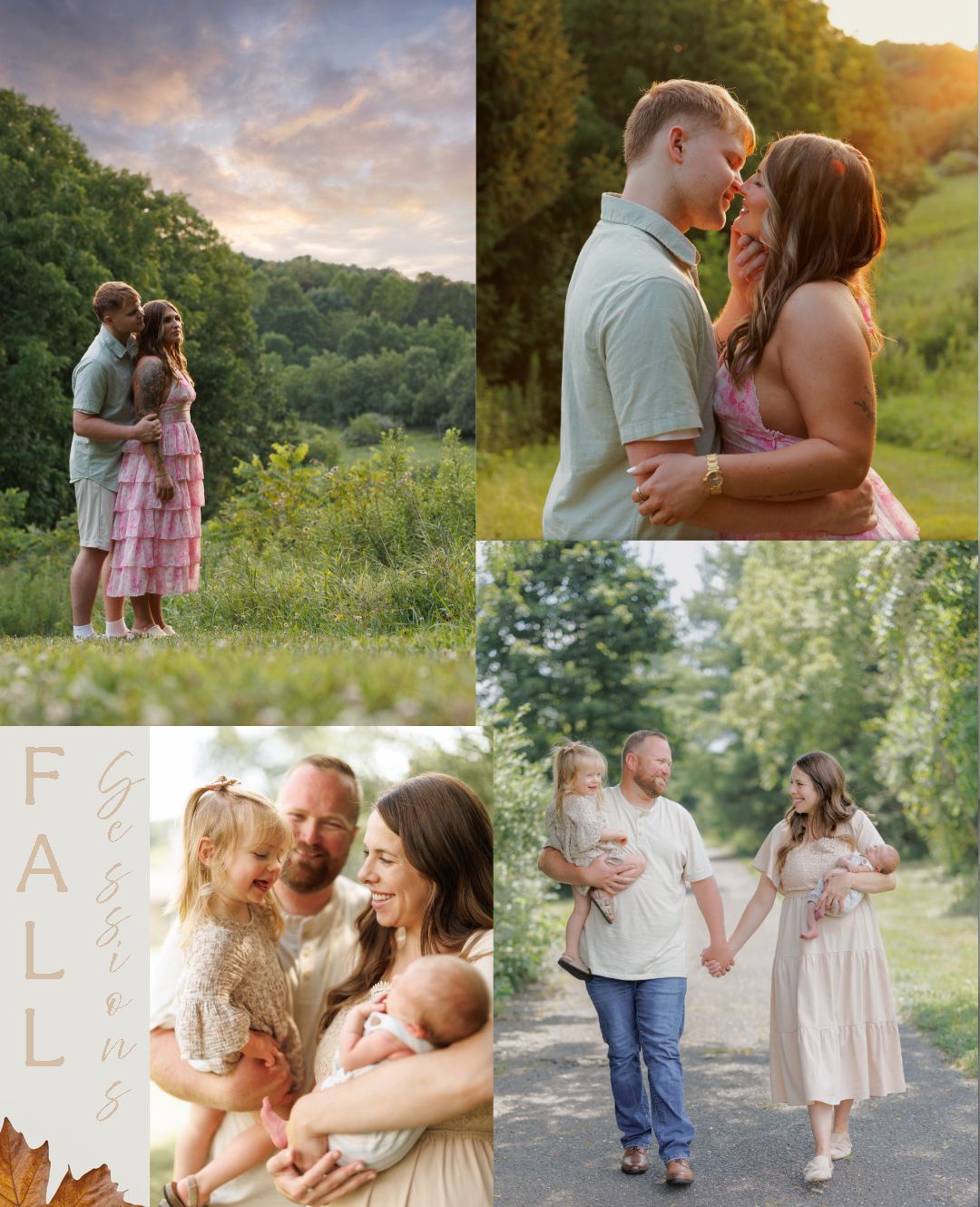 A collage of romantic couple and family portrait photos taken outdoors in lush green settings during golden hour.