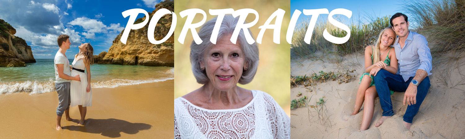 A portrait collage featuring couples on a beach and an elegant senior woman smiling outdoors. Portrait photography by Dave Sheldrake