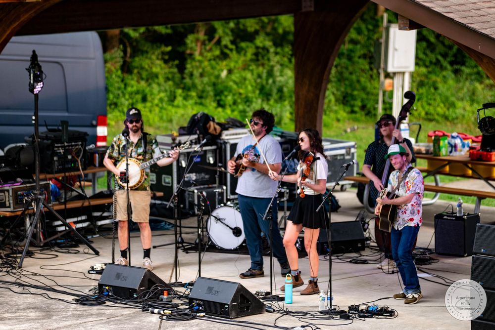 Live band performing outdoors under a pavilion on a sunny day at a music festival.