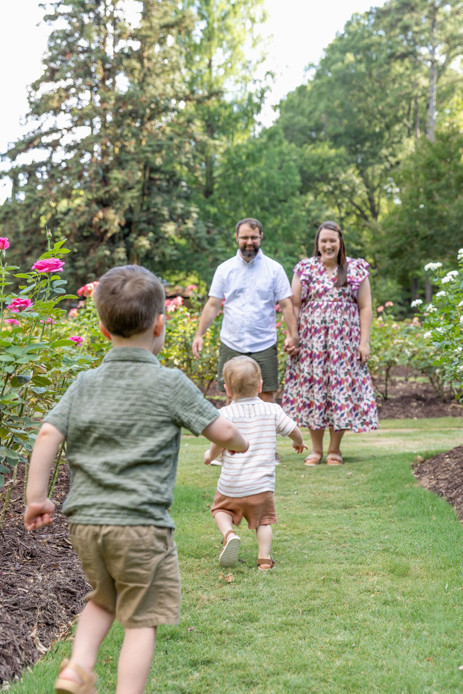 Family of four enjoying a sunny garden walk, two young children running toward smiling parents among blooming roses.