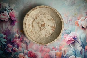 Rustic stone bowl on floral watercolor background with pink blooms.