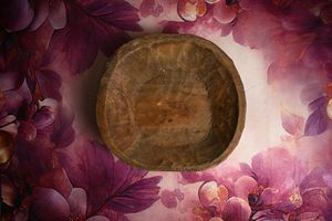 Rustic wooden bowl on a floral purple background with pink flowers and grape clusters.