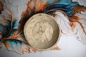 Rustic ceramic bowl on decorative surface with swirling teal, orange, and white fluid art paint design.