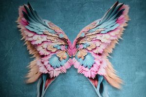Colorful butterfly art piece with pink, blue, and gold feathered wings on teal background.