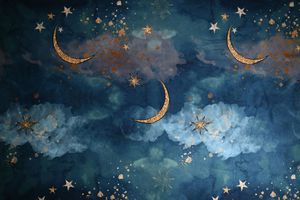 Watercolor night sky with golden crescent moons, stars, and blue clouds on dark background.