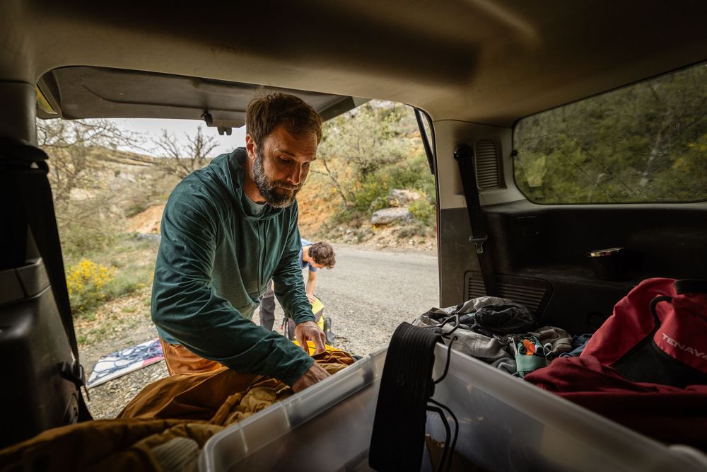 Chris Sharma preparing gear for his multi-pitch project in Spain. Photo - Jan Virt