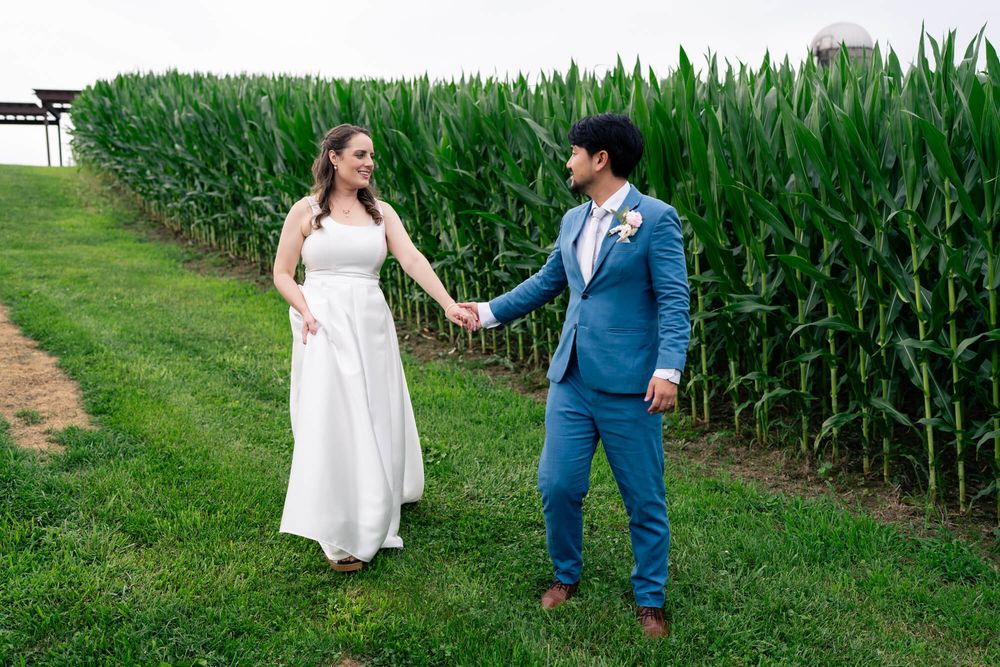 Bride in a white dress and groom in a blue suit hold hands while walking on a grassy path beside a tall cornfield.
