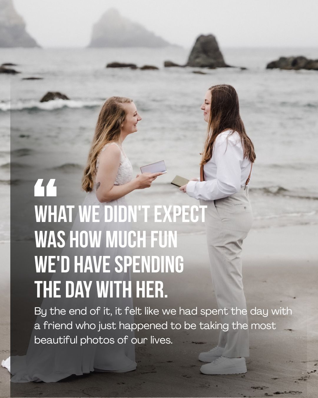 Two brides exchange handwritten vows on a misty rocky beach, with a testimonial quote about their elopement photographer overlaid.