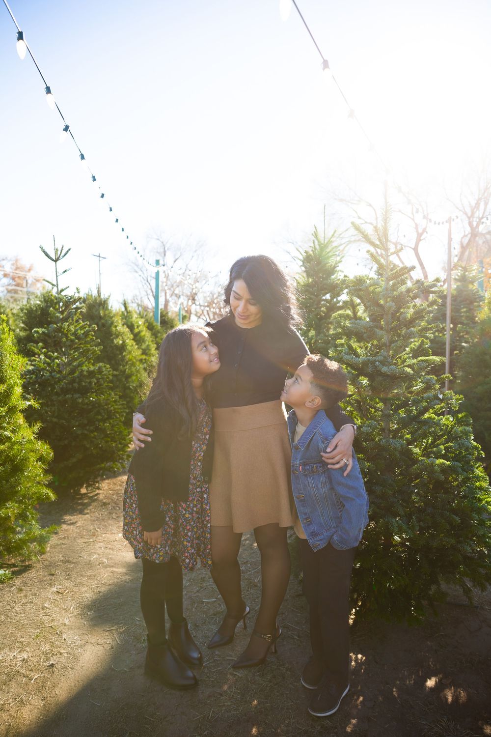 A mother embraces her two children among Christmas trees at an outdoor tree farm on a sunny day.