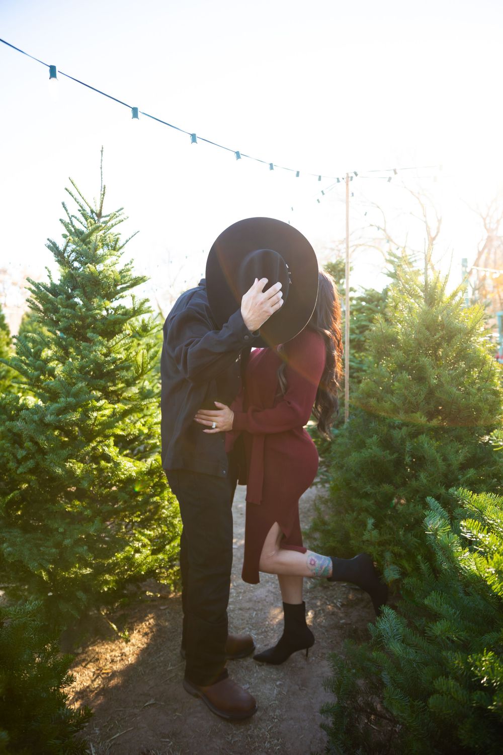 Couple kissing behind a wide-brim hat at a Christmas tree farm, surrounded by lush green trees and string lights.