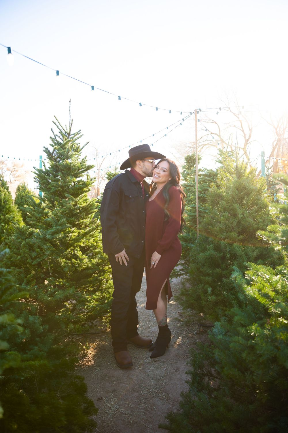 Couple embracing among Christmas trees at a tree farm, man in cowboy hat and woman in red dress, string lights above.