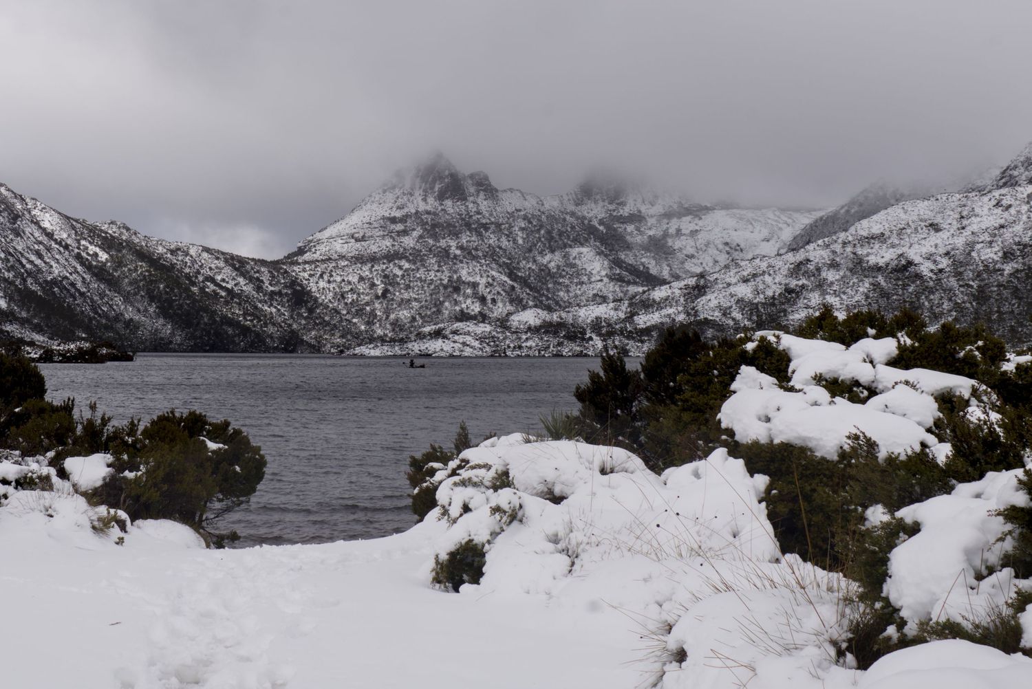 Snow-covered shrubs and rocky mountains surround a serene alpine lake under overcast winter skies.