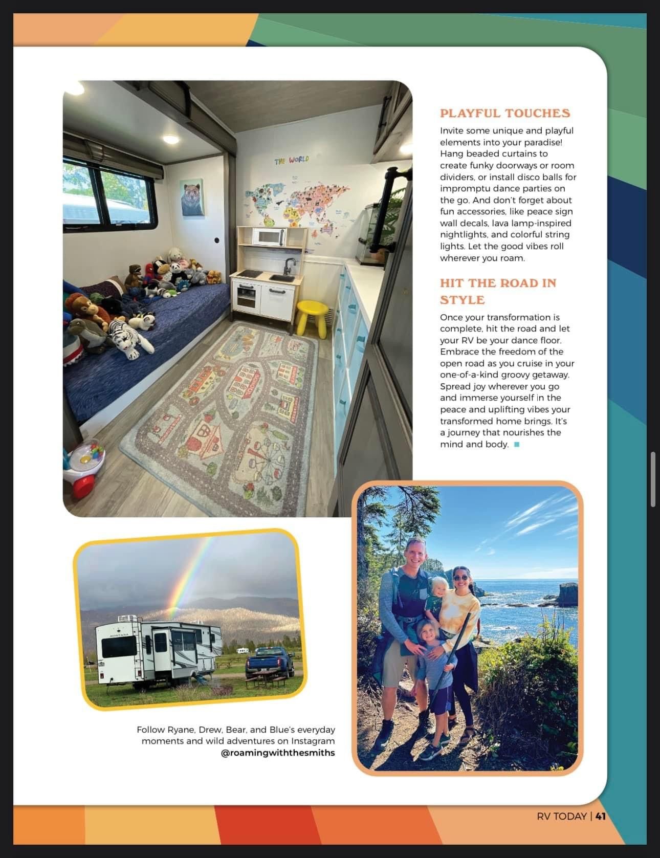 RV interior with colorful kids play area, rainbow view outside window, and family photo below showing RV lifestyle.