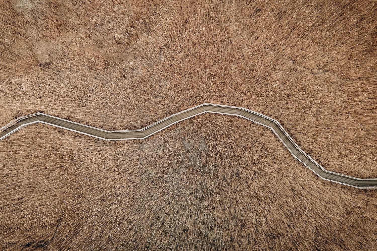 Dronefotografi af snoet vej gennem åbent landskab – grafisk naturfotografi, fotokunst og moderne vægkunst.