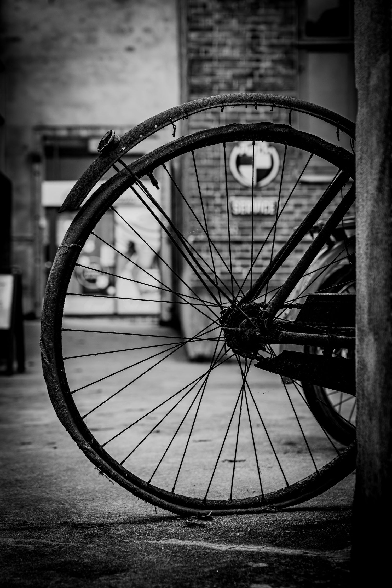 Sort-hvid detaljefotografi af cykel – minimalistisk fotokunst og grafisk plakat til væggen.