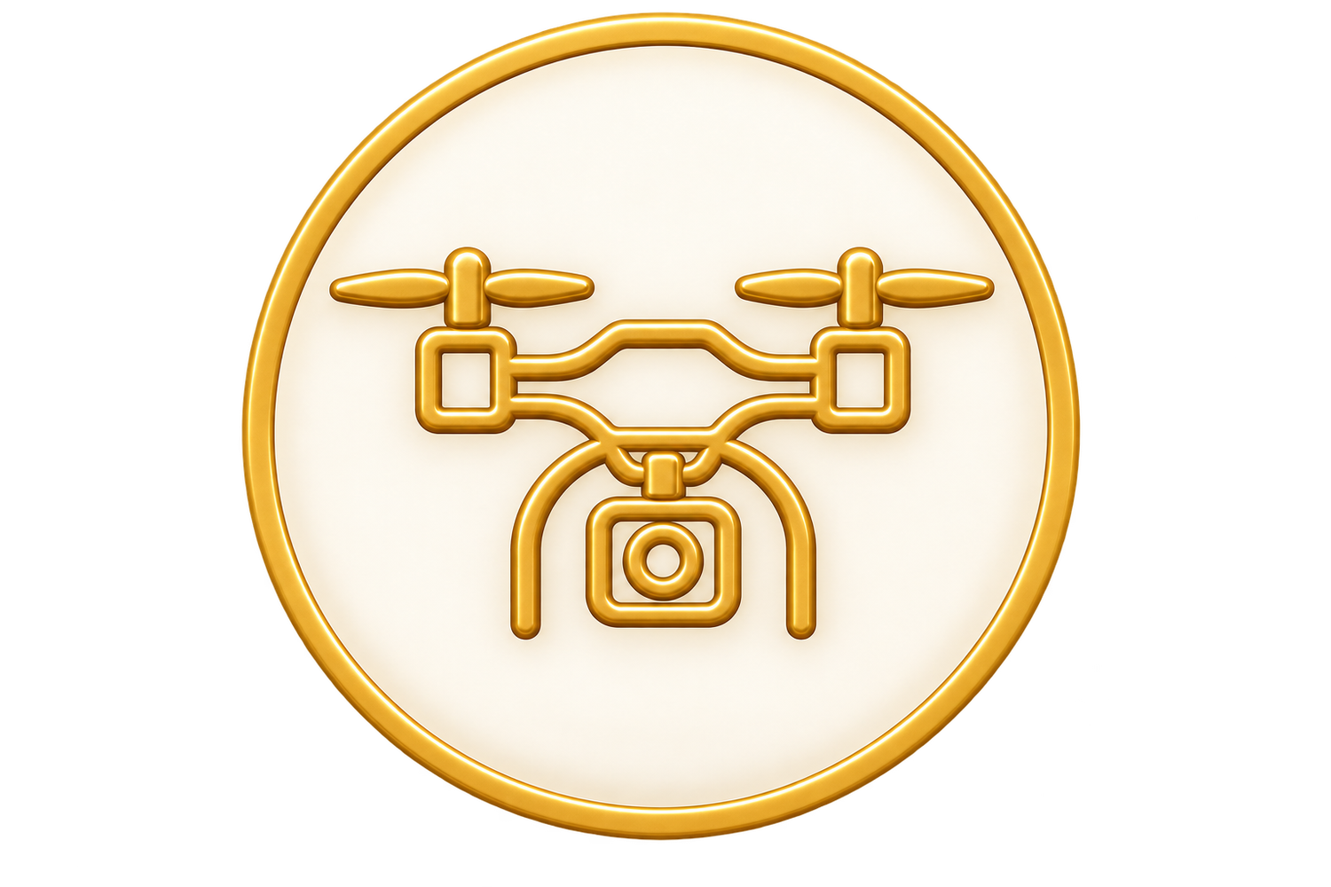Golden drone with camera icon on a circular emblem with a white background and gold border.