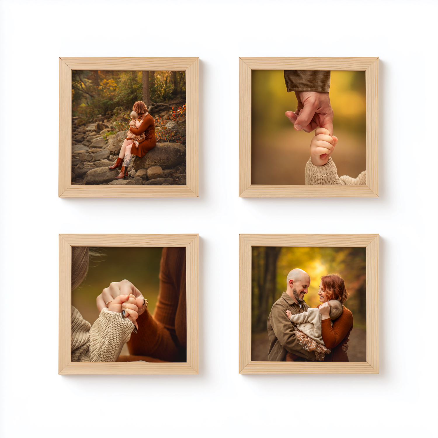 Four wooden framed photo blocks displaying warm family moments, including grandparent and child portraits in autumn outdoor settings.