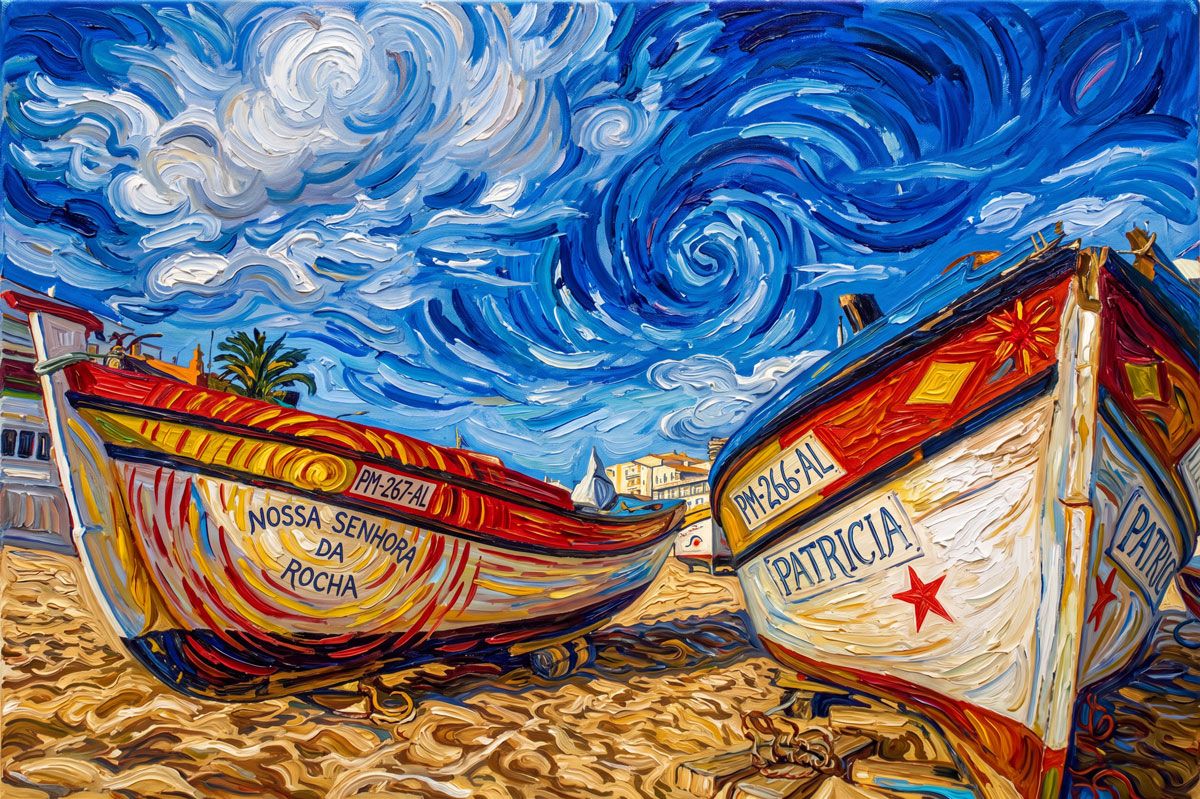 Van Gogh-style painting of two colorful fishing boats named Nossa Senhora da Rocha and Patricia on a sandy beach.