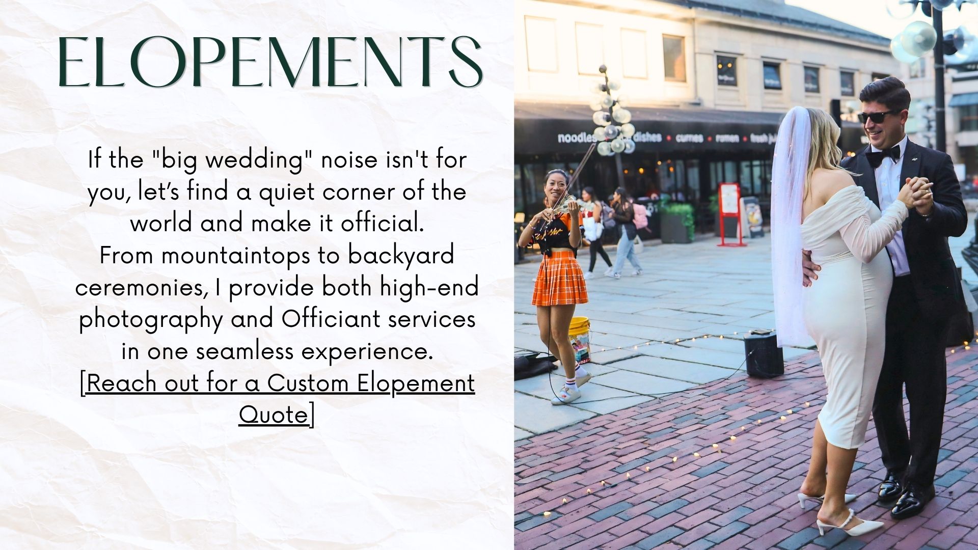 Elopement photography and officiant services package priced at $3500, featuring a couple in wedding attire on a cobblestone street.