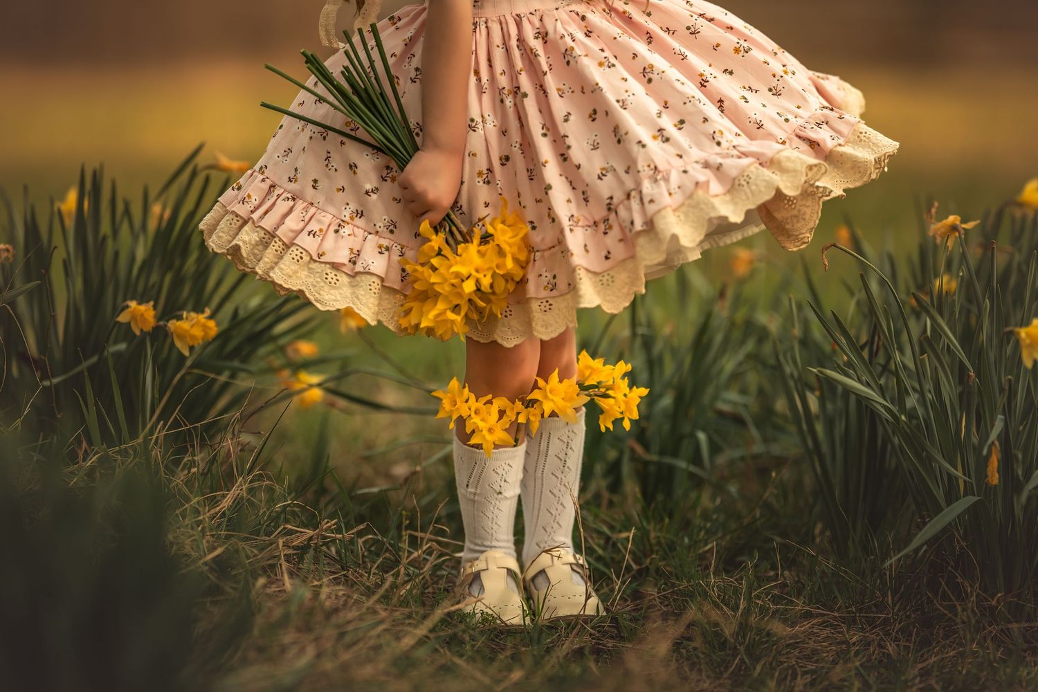 Young girl in floral dress and white boots holding yellow daffodils in a spring garden field.