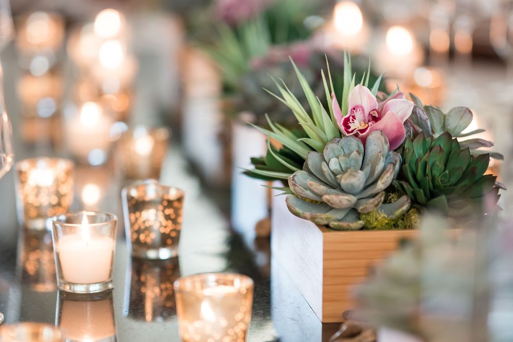 Elegant table setting with succulent centerpiece in wooden box and glowing votive candles creating romantic ambiance.