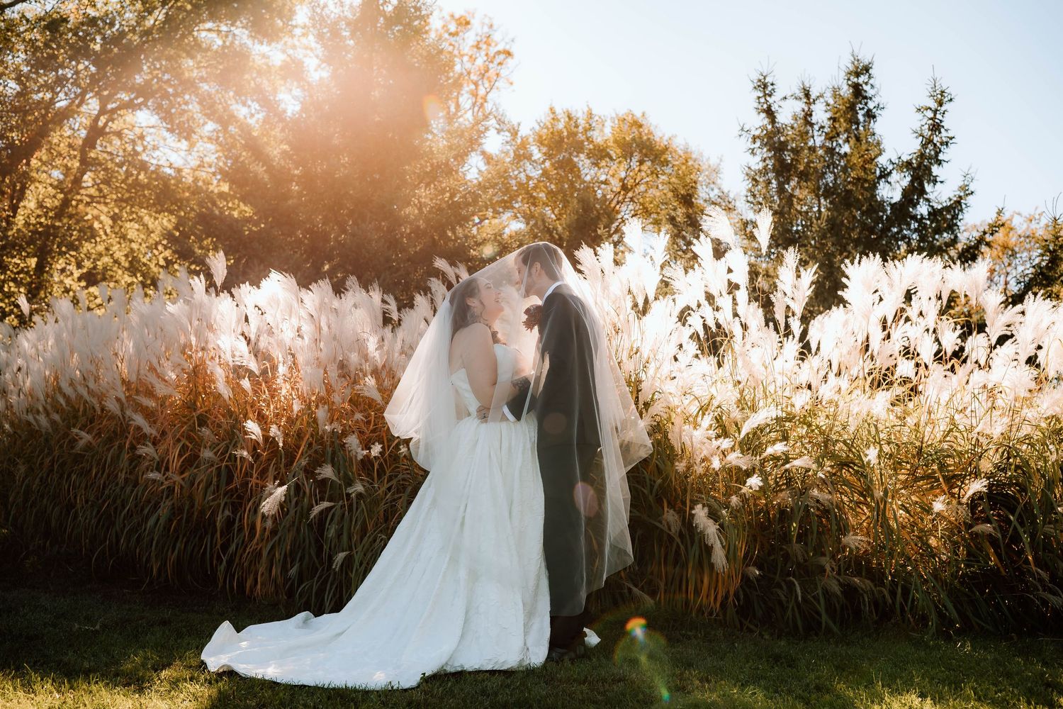 sun shining over a bride and groom under a veil