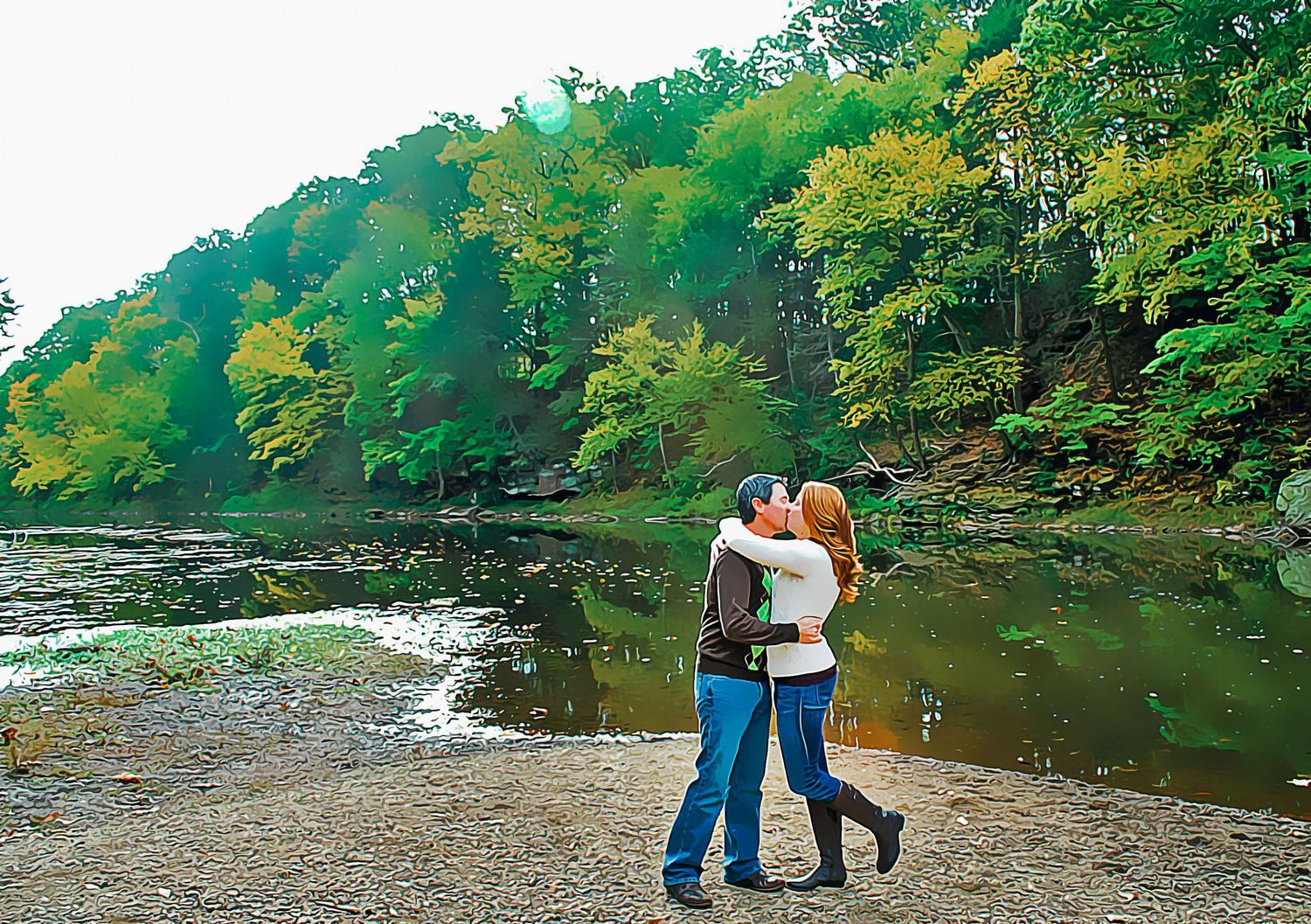 Couple kissing by a scenic river surrounded by lush green trees, standing on a rocky shore in a painterly style.