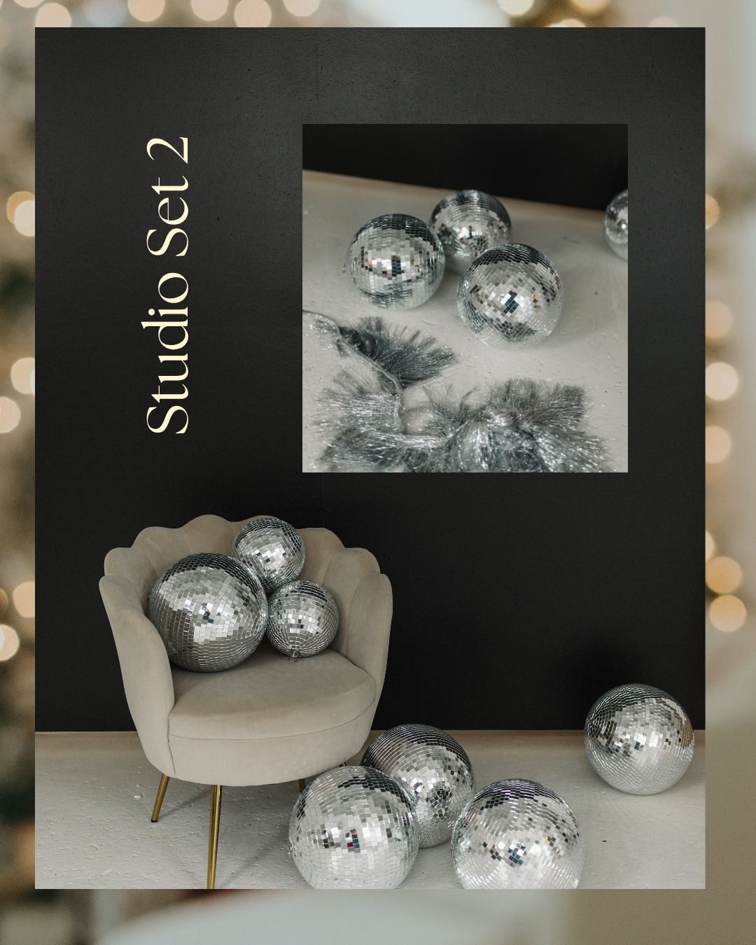 Studio Set 2 featuring a velvet chair with disco ball pillows surrounded by large silver mirror balls on a dark backdrop.