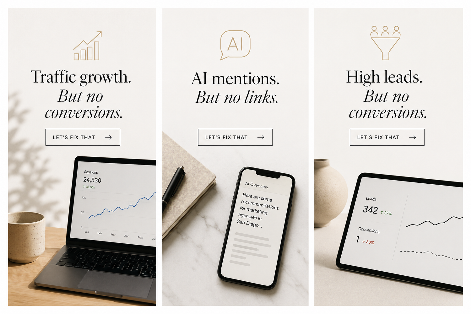 Three panels showing common SEO issues: traffic without conversions, AI mentions without links, and high leads without conversions.
