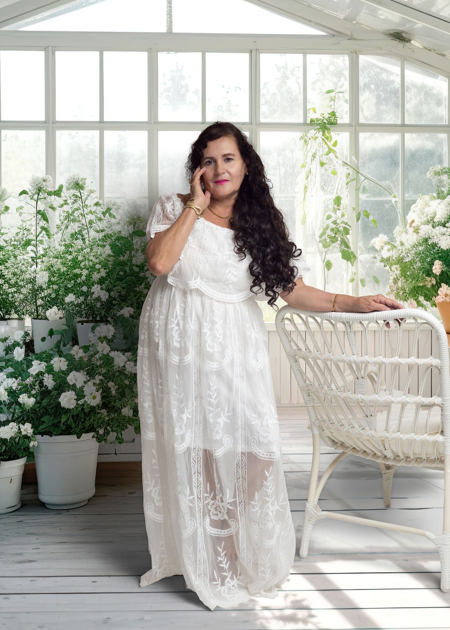 Woman in white lace gown poses in sunlit greenhouse surrounded by blooming white flowers and wicker chair.