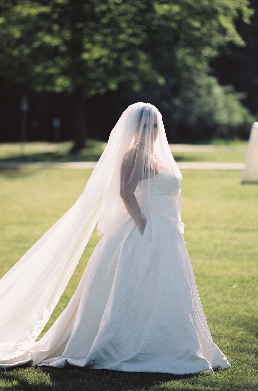 Bride in a strapless white ball gown with a long cathedral veil standing on green lawn.