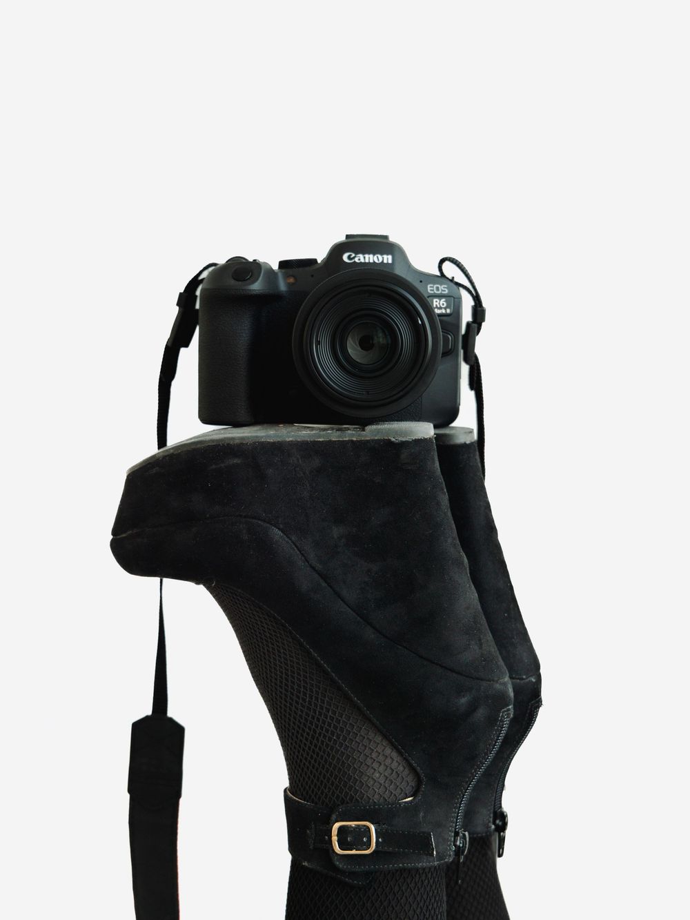 Camera being held up on the bottoms of high heel shoes