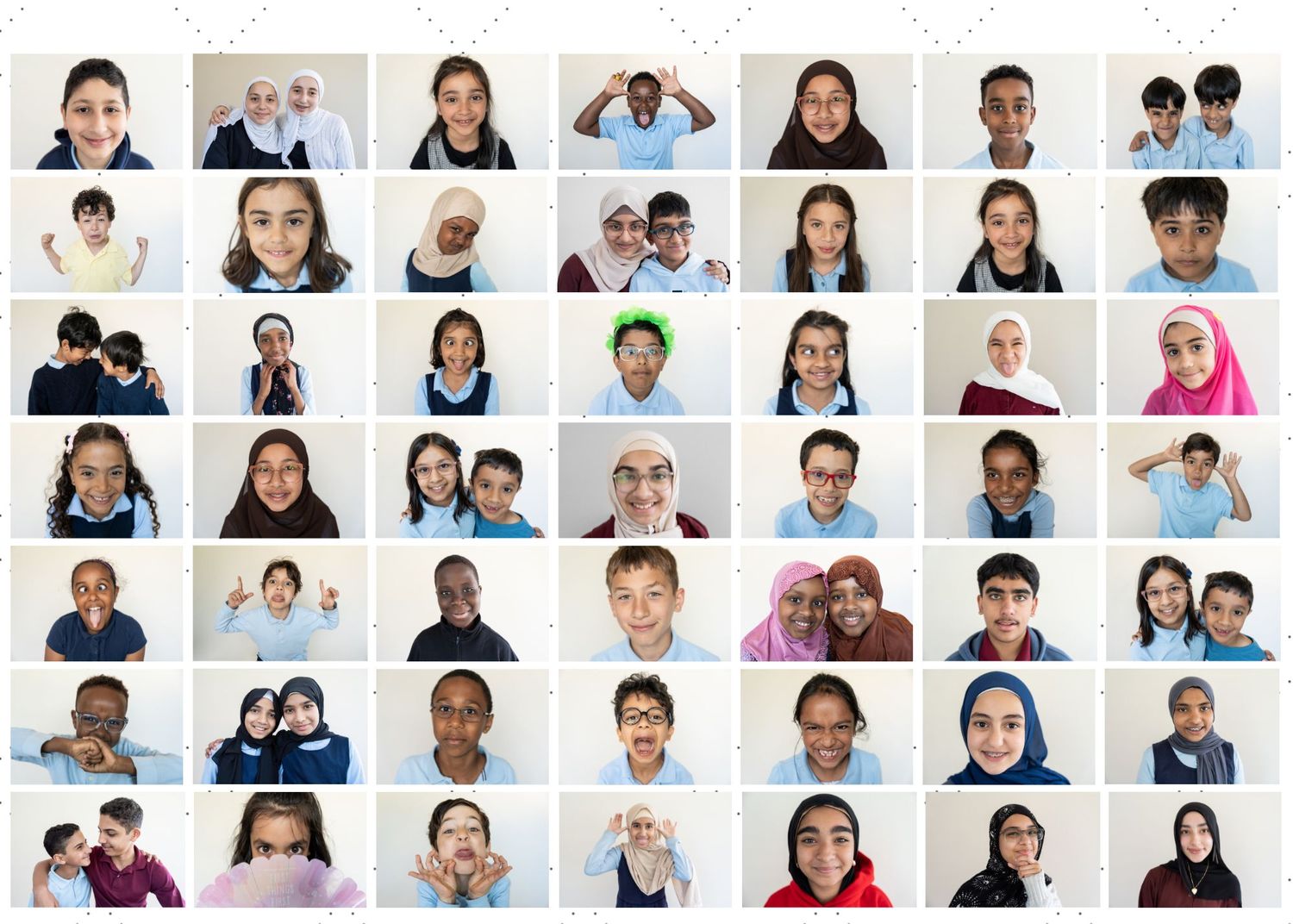 A photo collage grid showing multiple candid portraits of children in casual settings with various expressions and poses.