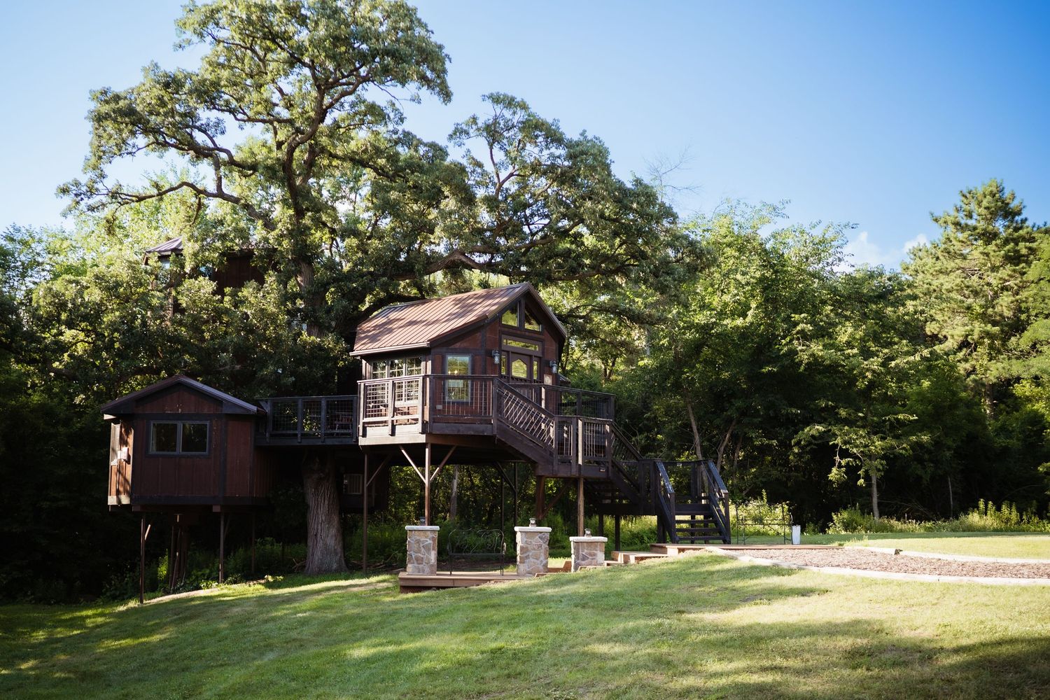 Rustic treehouse cabin nestled among tall oak trees in a lush green landscape on a sunny day.