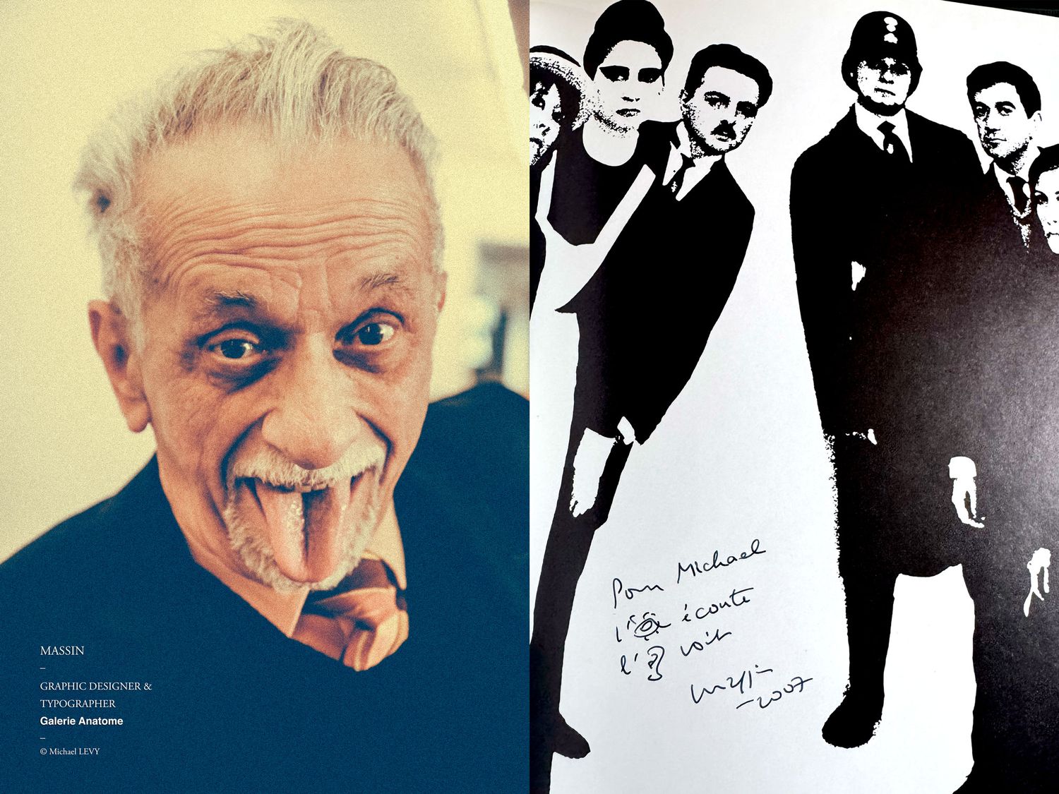 Black and white photo of a man in a sweater beside storyboard sketches pinned to a wall.