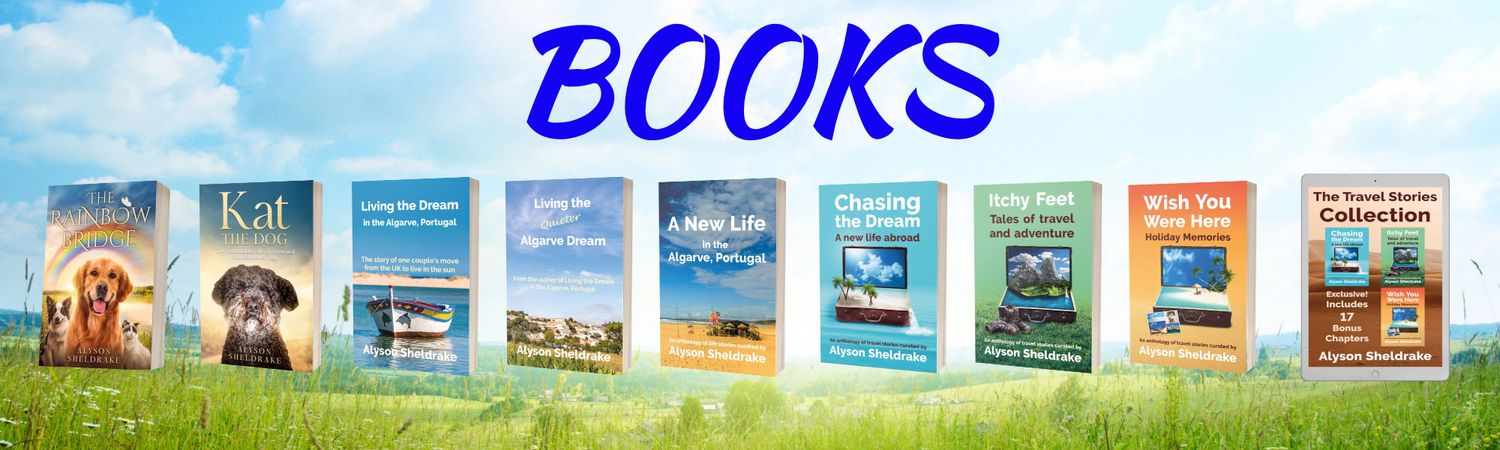 Collection of books by Alyson Sheldrake, Algarve Author, displayed in a row against a bright blue sky background.