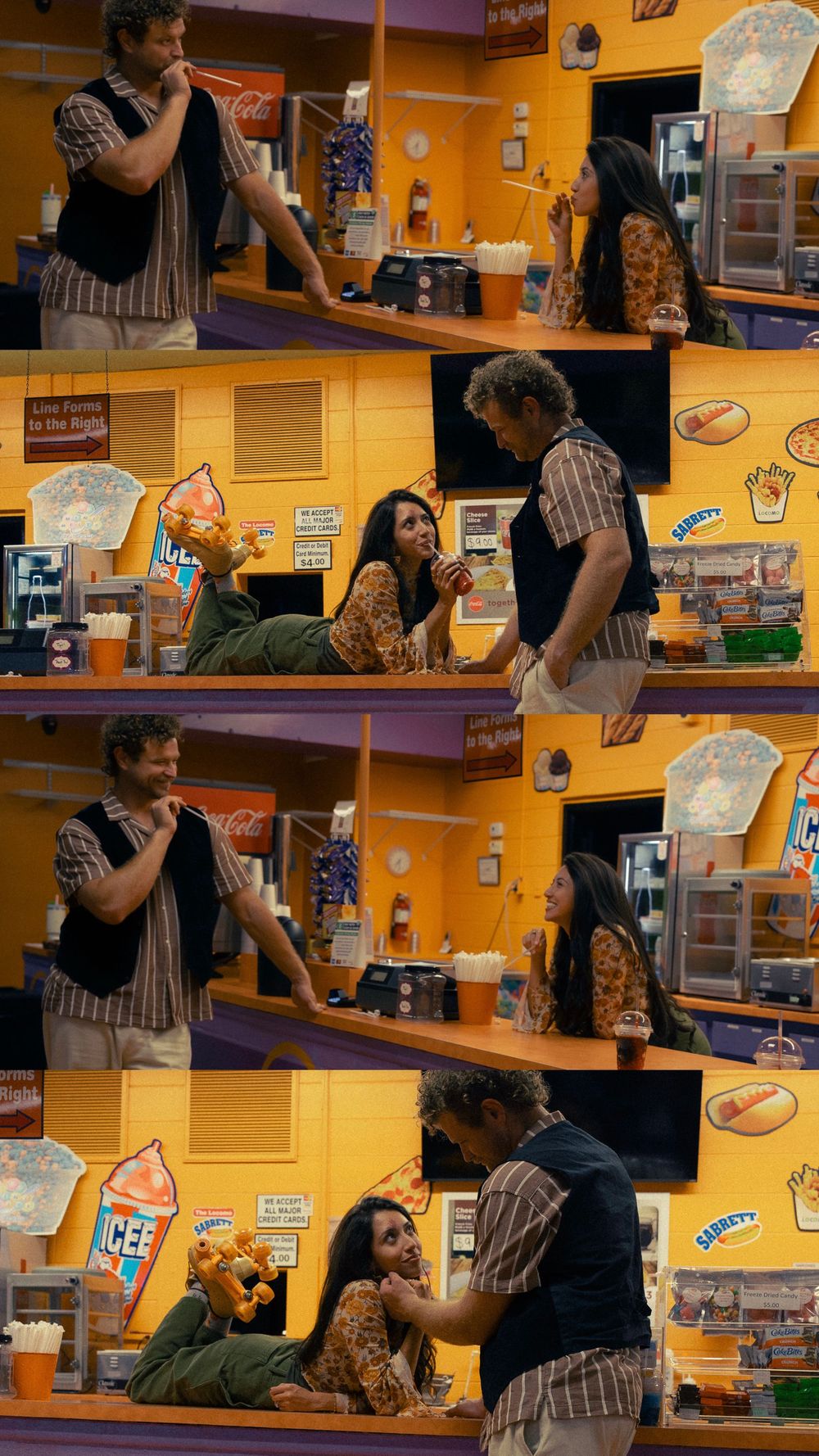 A collage of three scenes showing a man and woman interacting at a colorful fast food counter with ICEE displays.