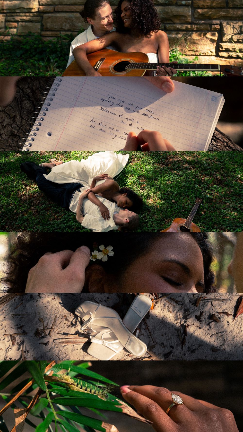 Romantic couple engagement photo collage featuring guitar serenade, handwritten love notes, and a diamond ring proposal outdoors.