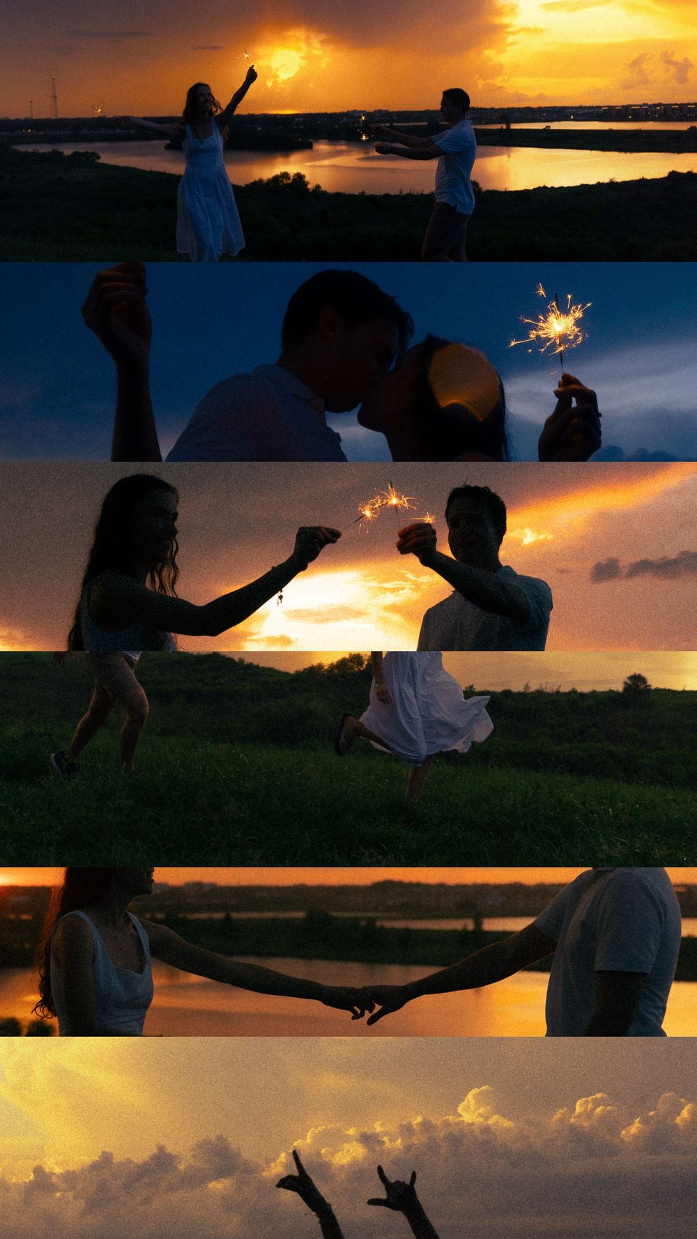 Romantic couple silhouetted against vibrant sunset sky, sharing kisses, dancing with sparklers, and holding hands by a peaceful river.
