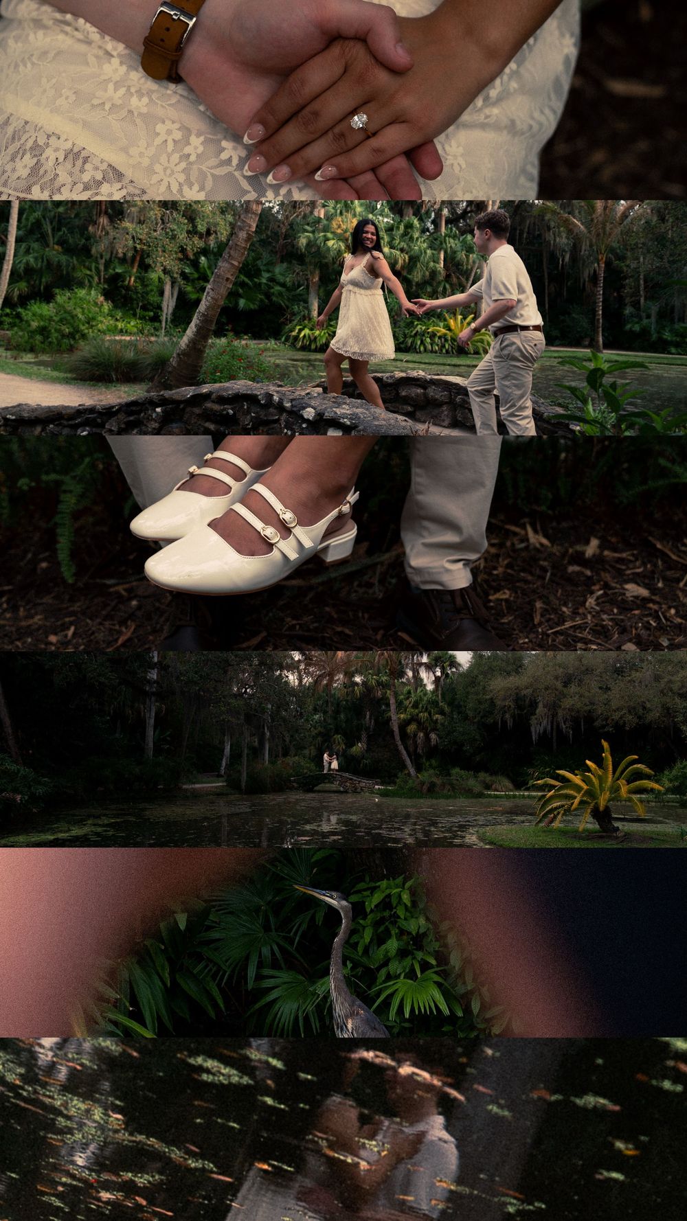 Romantic engagement photo collage featuring couple holding hands, white heels, and lush tropical garden reflections.
