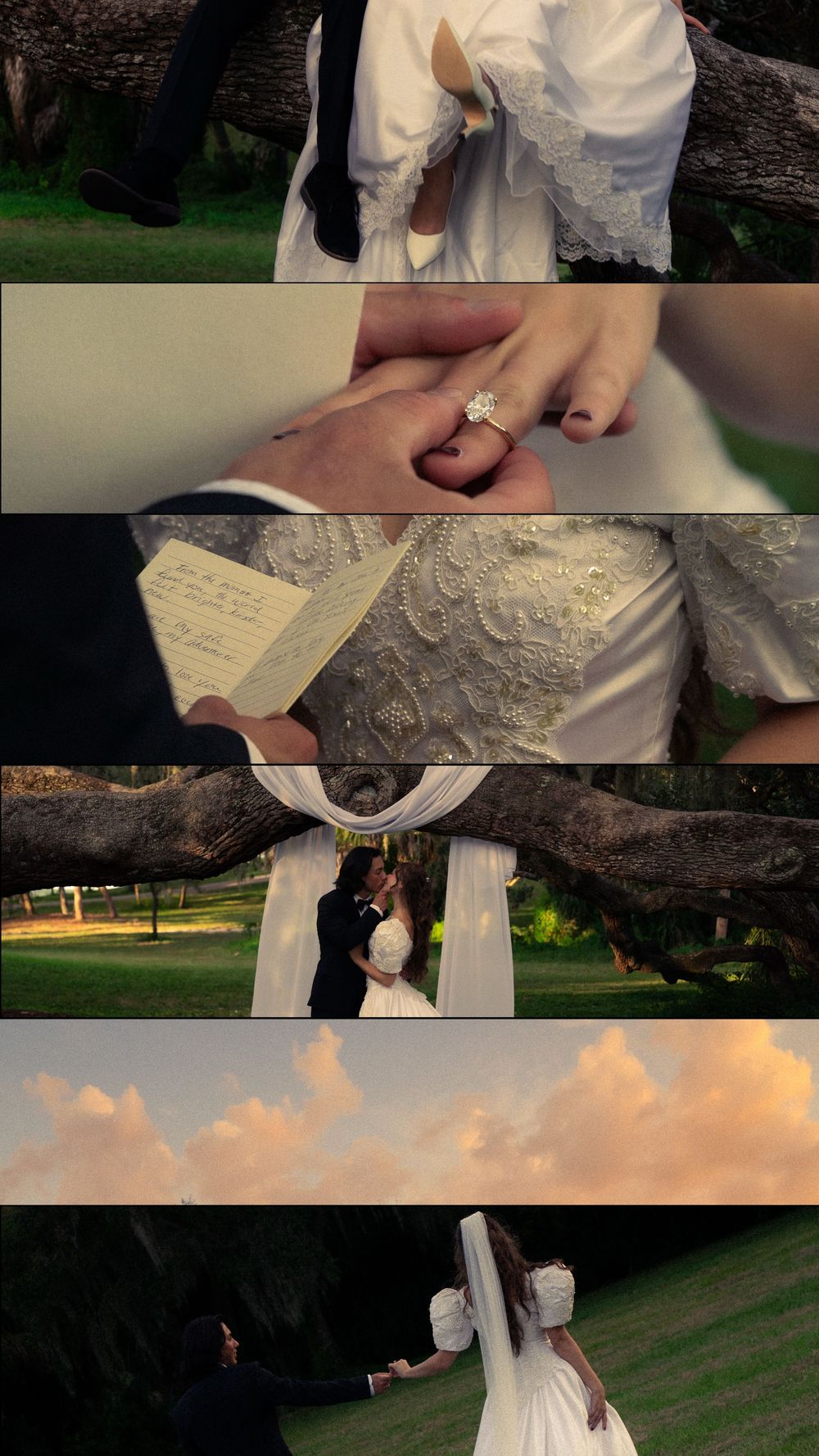 A romantic wedding collage featuring ring exchange, vows letter, couple kissing under floral arch, and sunset dance on green lawn.