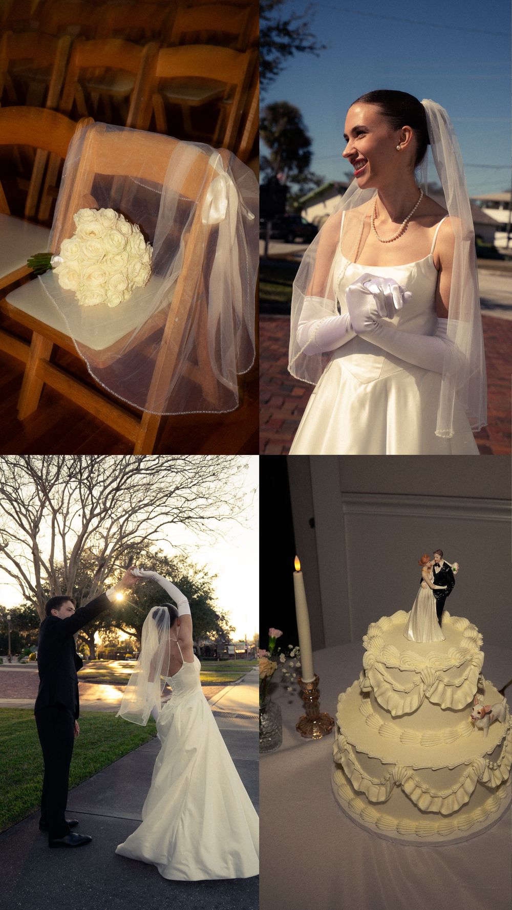 A wedding collage featuring a bridal veil with bouquet, smiling bride, couple dancing outdoors at sunset, and a two-tier wedding cake.