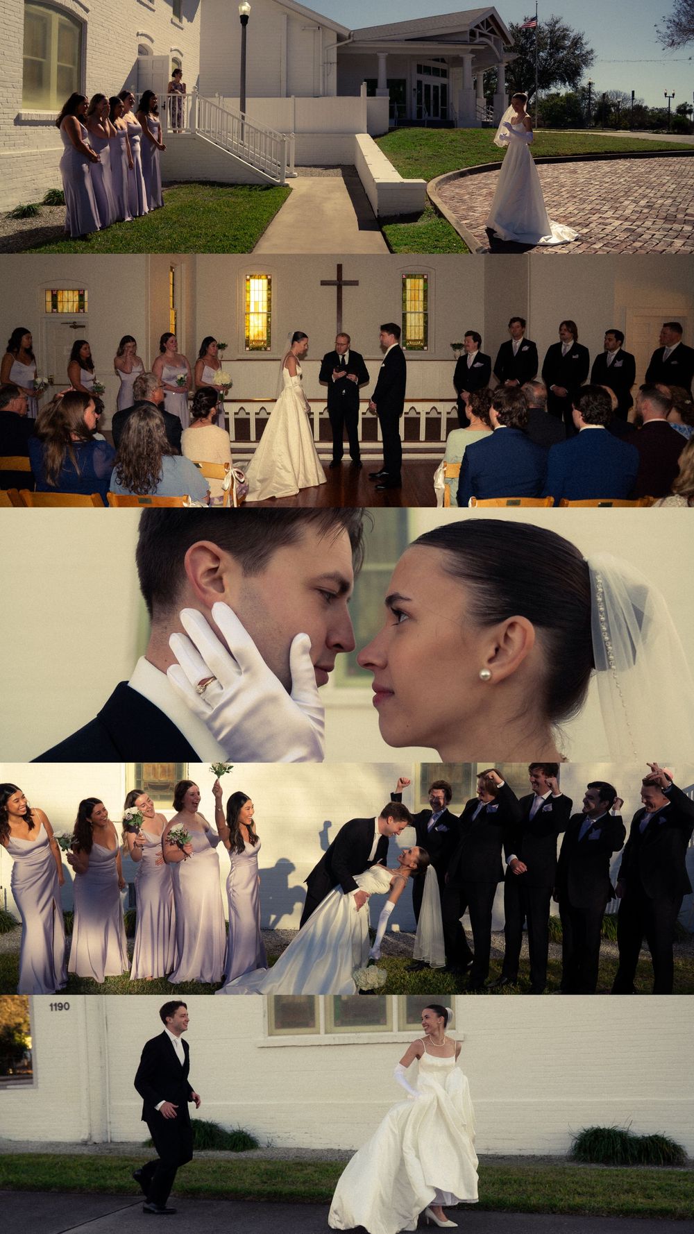 A wedding collage showing bridesmaids outside a church, indoor ceremony, intimate couple portrait, bridal party celebration, and newlyweds w