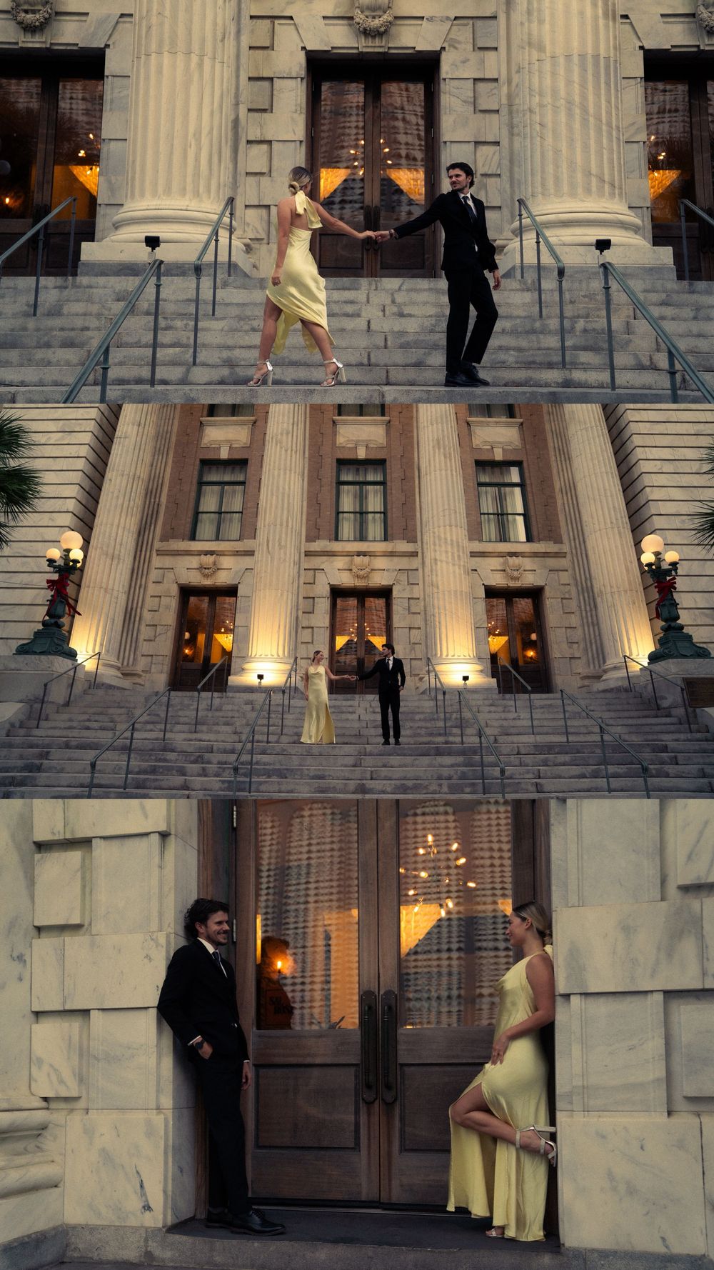 Elegant couple in formal attire posing on grand neoclassical building steps with ornate doors and warm evening lighting.