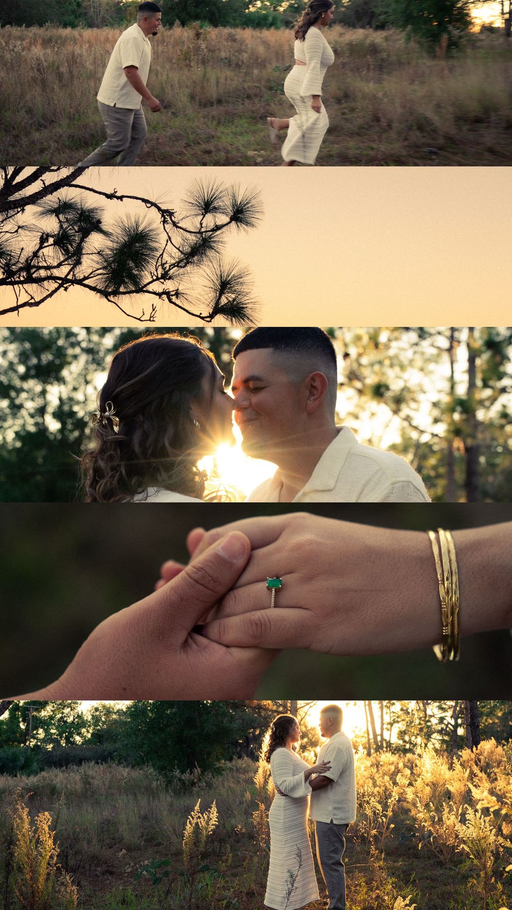 Golden hour engagement photo collage of couple holding hands, sharing a kiss, and showcasing an emerald ring in a field.