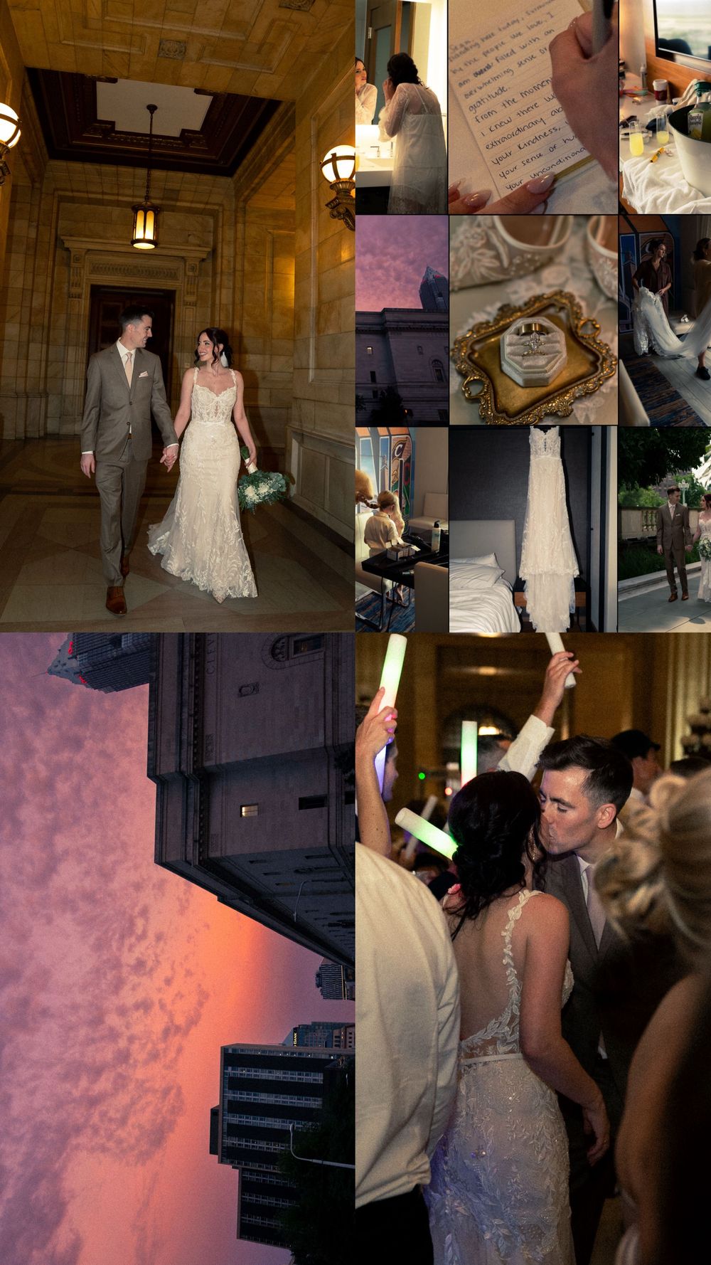 Wedding collage featuring couple walking in grand hall, dress details, city skyline at sunset, and reception dancing.