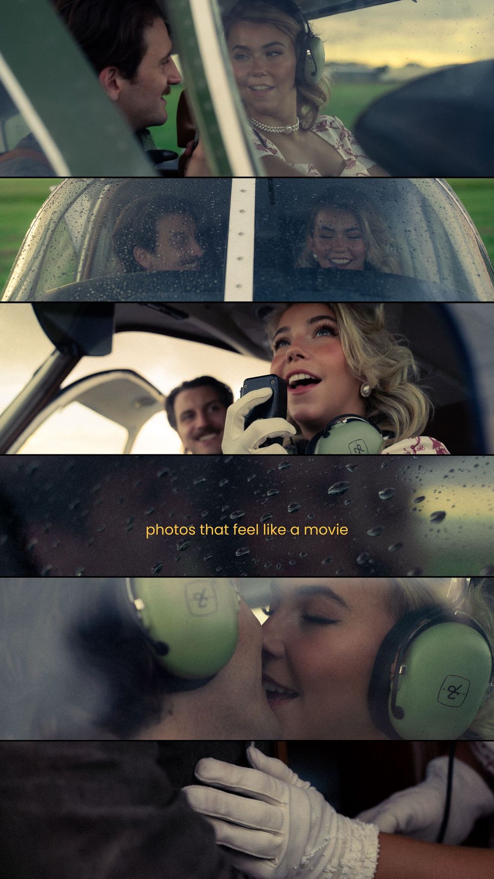 Cinematic couples photography collage inside a vintage airplane cockpit with green aviation headsets in the rain.